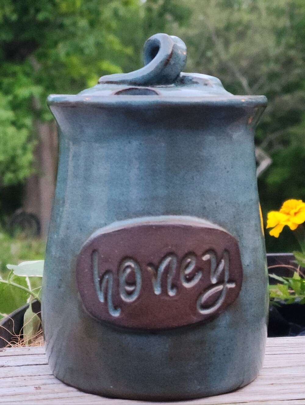 Studio Pottery Honey Pot Stoneware Blue Dragonfly Pottery 5.75" Tall wLid Signed
